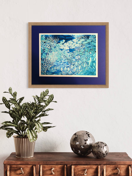 Blue Coral Reef Print - Ultramarine Aqua Fish in Coral Reef Print - Bathroom Art