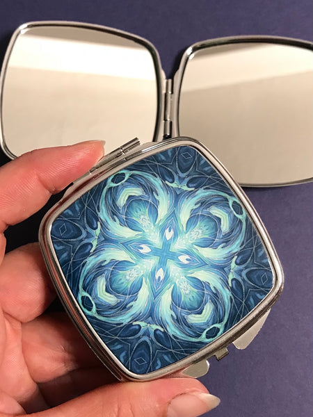 Blue Teal Aqua Diamond Dolphins Pocket Mirror - Pretty Handbag Mirror - Gift for Her