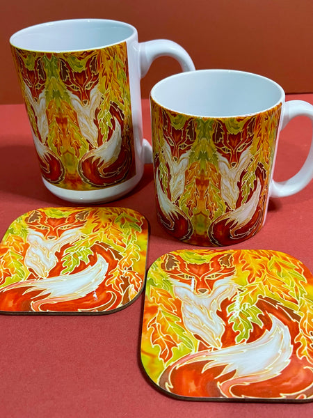 Extra Large Foxes Mug. Red Green Golden Yellow mugs in BIG & standard sizes.  mug & coaster box set. nature lovers gift set. wildlife lovers gift. fox lovers gift. gift for him. gift for teacher. gift for her. tea coffee lovers gift.