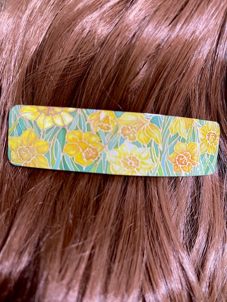 Spring Daffodils Flower Hair Slide Barrette - Yellow Flower Arts and Crafts Style Hair Clip.