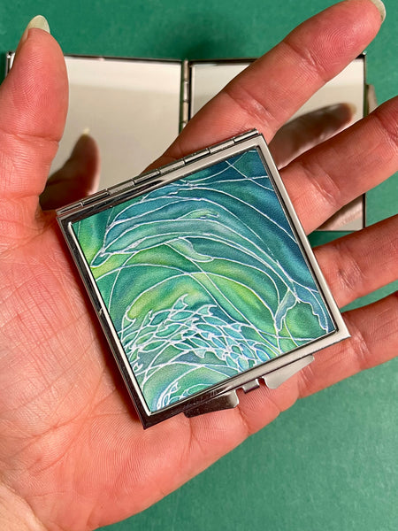 Emerald Green Dolphin Mirror. Compact Make up mirror for pocket or handbag. Great gift for Mum, sister, dolphin lover, auntie, friend, teacher for Christmas and Birthdays.