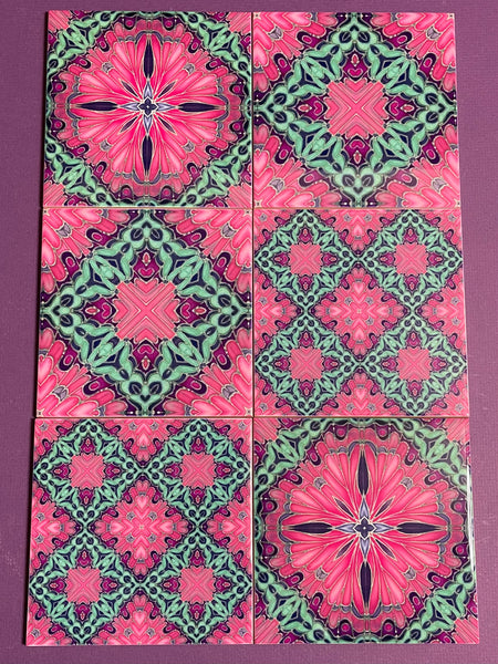 Set of six pink pop hand printed tiles. vibrant warm pink, purple and aqua green patterned colourful tiles to create the wow factor in your, bathroom, kitchen or utility room. pink bathroom makeover, bold pink kitchen interior design.