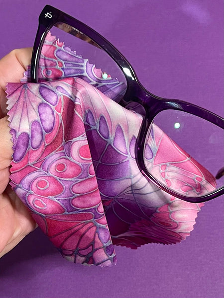 Plum butterflies glasses case and cleaning cloth. soft spectacles cover. phone computer screen cleaning cloth. Butterfly reading glasses case. tree lovers gift. gardeners gift. nature lovers gift. gift for him. book lovers gift.