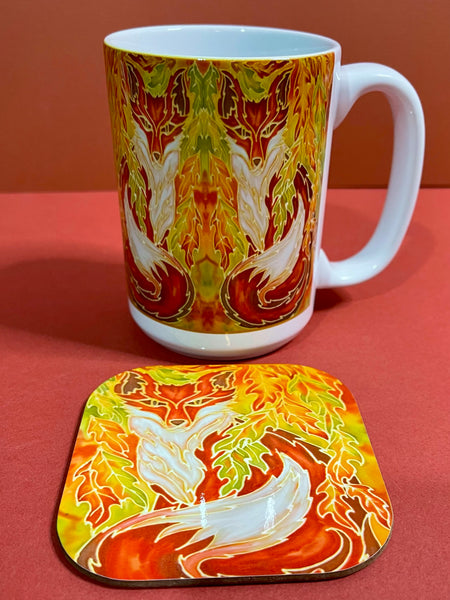 Extra Large Foxes Mug. Red Green Golden Yellow mugs in BIG & standard sizes.  mug & coaster box set. nature lovers gift set. wildlife lovers gift. fox lovers gift. gift for him. gift for teacher. gift for her. tea coffee lovers gift.