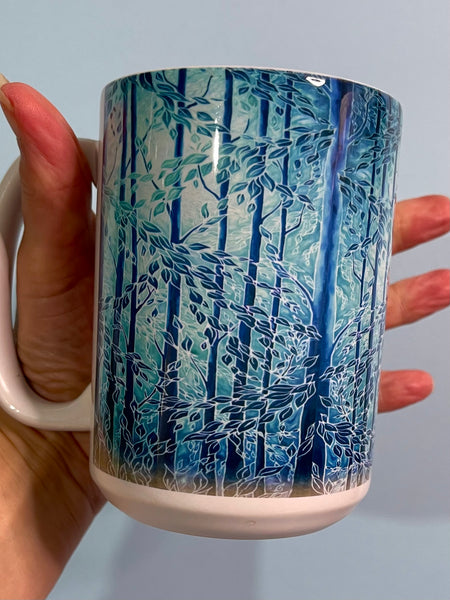 Blue Teal Trees Mug in Extra Large & Regular Sizes, add Coaster for Box Set - Great Gift for Tree, Woods, Forests, Nature, Tea or Coffee Lovers. Man sized Mug. Gifts for Men.