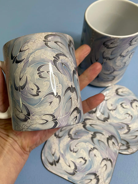 Swallows and Clouds Mug and Coaster - Extra Large & Regular Mug Sizes Swallows Mug Gift Box Set -
