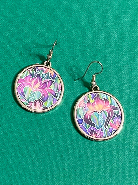 Beautiful Purple Iris Flower Round Drop Earings Gift for Her