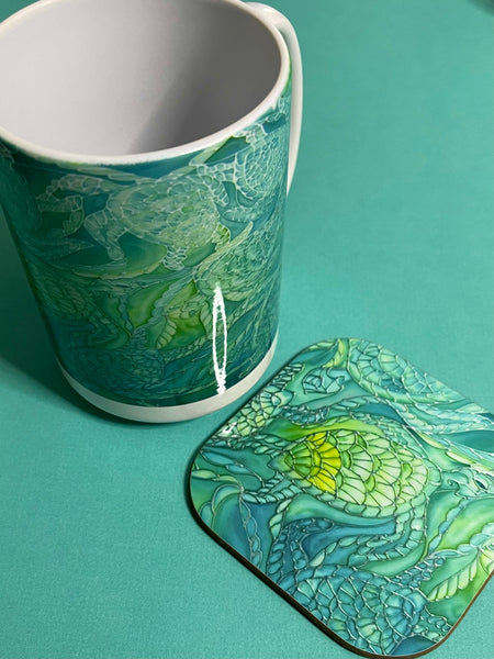 Green Turtles Mug and Coaster - Extra Large & Regular Mug Sizes Turtles Lovers Mug Gift Box Set -