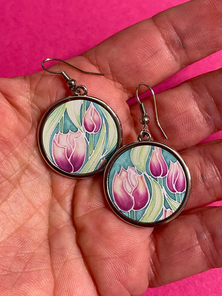 Beautiful Pink Tulip Flower Round Drop Earings - Affordable gift