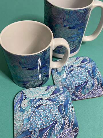 Blue Aqua Turtles Mug and Coaster - Extra Large & Regular Mug Sizes Turtles Lovers Mug Gift Box Set -