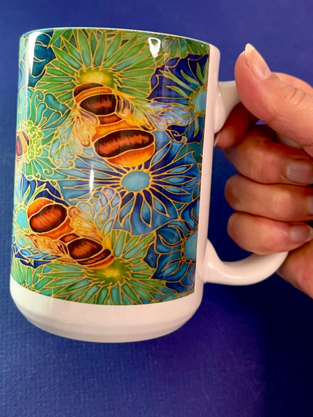 Extra Large Bee Mug. Blue Green Bees & Flowers mugs BIG and standard sizes. honey bee mug & coaster box set. bumble bee gift set. bee keepers gift. bee lovers gift. gift for him. gift for teacher. gift for her. tea coffee lovers gift. gardeners gift.