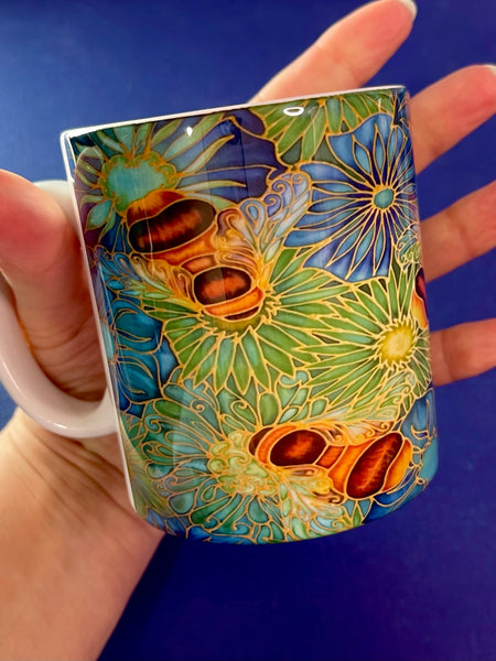 Extra Large Bee Mug. Blue Green Bees & Flowers mugs BIG and standard sizes. honey bee mug & coaster box set. bumble bee gift set. bee keepers gift. bee lovers gift. gift for him. gift for teacher. gift for her. tea coffee lovers gift. gardeners gift.