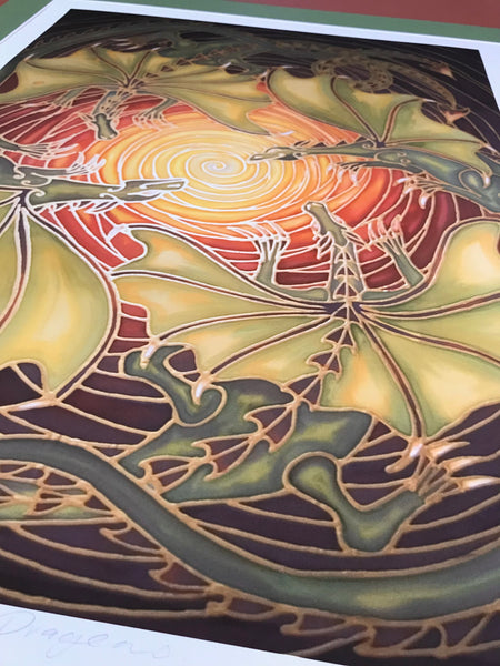 Sun Dragon Family Print - Mythical Creatures Art Print - Fiery Dragons Living Room Art