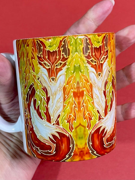 Extra Large Foxes Mug. Red Green Golden Yellow mugs in BIG & standard sizes.  mug & coaster box set. nature lovers gift set. wildlife lovers gift. fox lovers gift. gift for him. gift for teacher. gift for her. tea coffee lovers gift.