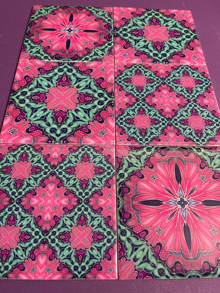 Set of six pink pop hand printed tiles. vibrant warm pink, purple and aqua green patterned colourful tiles to create the wow factor in your, bathroom, kitchen or utility room. pink bathroom makeover, bold pink kitchen interior design.