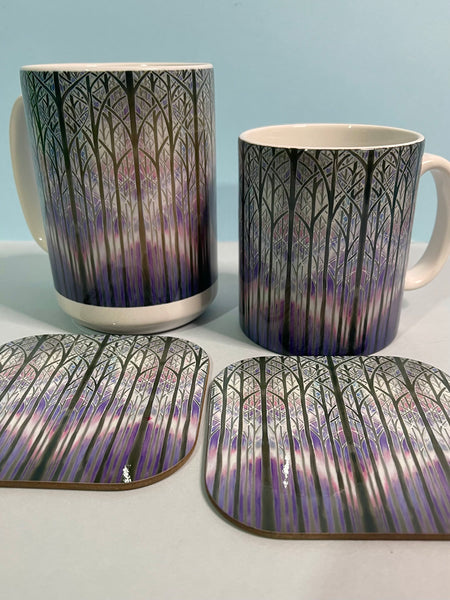 Misty Trees Mug and Coaster - Extra Large & Regular Mug Sizes Woodland Lovers Mug Gift Box Set -