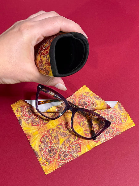 Red Dragons Glasses Cover & Cleaning Cloth - slip-on padded cover for glasses - Reading or Large Glasses Case