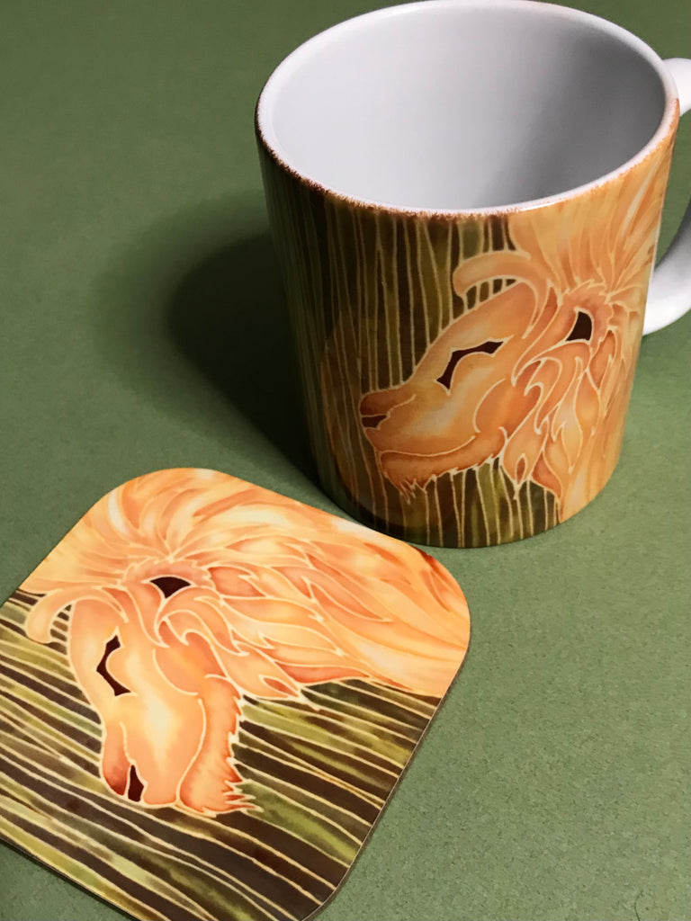 Golden Lion Mug & Coaster - Mighty Lion Mug Box Set - Green Gold Yellow - Wildlife Lovers Mug Gift