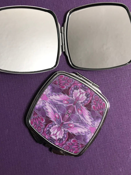 Art Nouveau Butterfly Pocket Mirror in Pink and Plum - Pretty Folding Handbag Mirror - Gift for Her