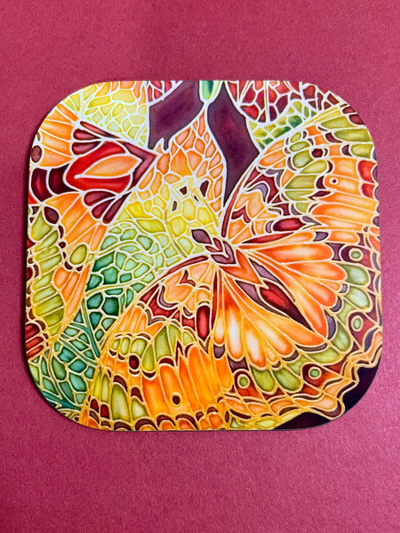 Tableware, placemats, table mats, coasters, chopping boards, trivets, mugs, mouse mats, square table mats, round table mats, rectangular placemats, caramel terracotta green butterflies.