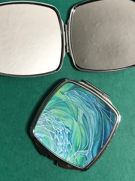 Green Aqua Dolphins Pocket Mirror - Pretty Handbag Mirror - Gift for Her