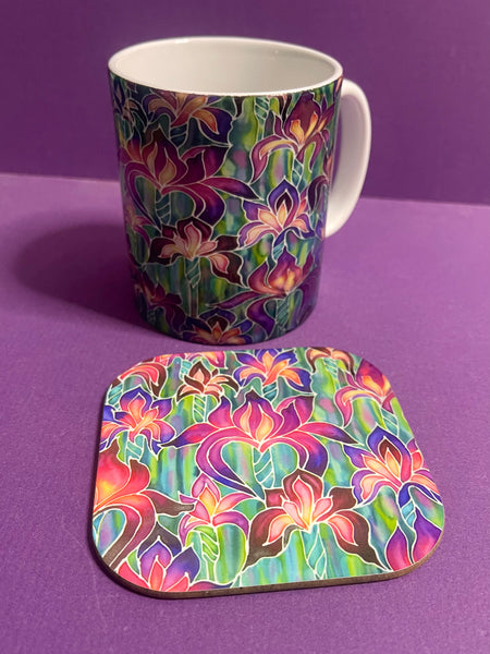 Beautiful Purple Irises Mug and Coaster - XL & Regular Sizes Flower Lovers Mug Gift Box Set -