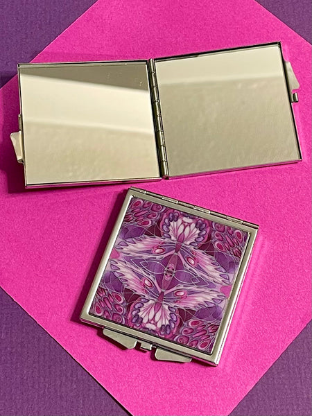 Pink Art Nouveau Butterfly Wings Mirror. Round Compact Make up double mirror for pocket or handbag. Great gift for Mum, sister, dolphin lover, auntie, friend, teacher for Christmas and Birthdays.