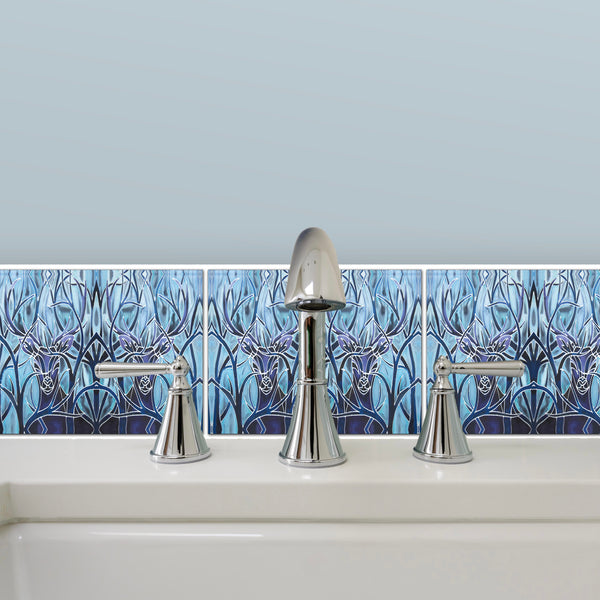 Bold Majestic Stag Border Tiles - Beautiful Blue 6x8” Ceramic Kitchen and Bathroom Tiles