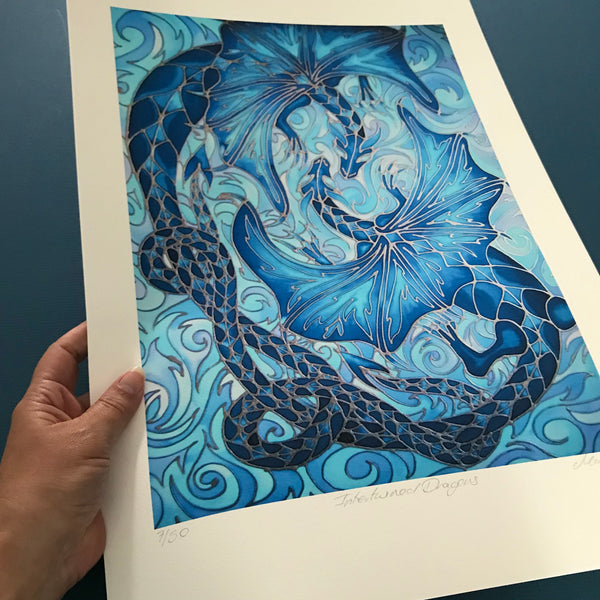 Intertwined Dragons Print - Mythical Creatures Art Print - Fiery Blue Dragons Print