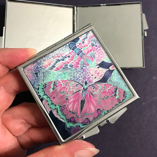 Butterfly Pocket Mirror in Pink and Mint - Pretty Folding Handbag Mirror - Gift for Her