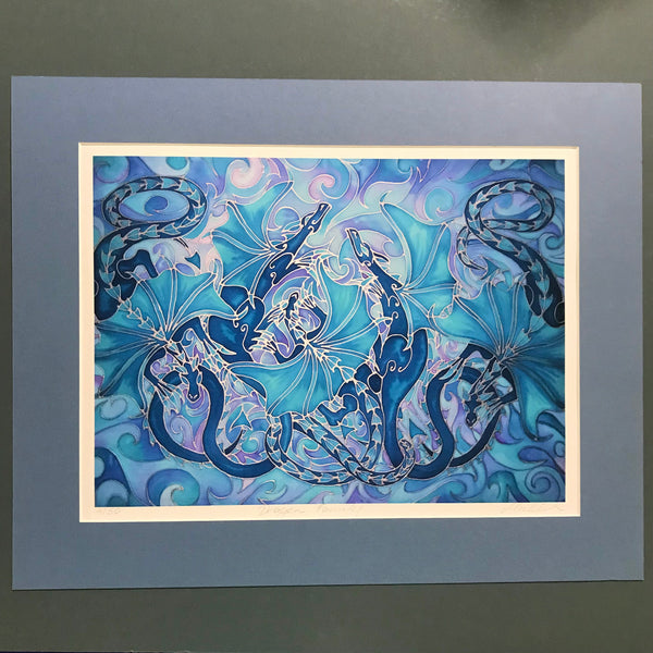 Magical Dragon Family Print - Mythical Creatures Art Print - Fiery Blue Dragons Print