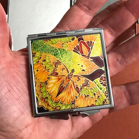 Butterfly Pocket Mirror in Moss Green and Caramel - Pretty Folding Handbag Mirror - Gift for Her