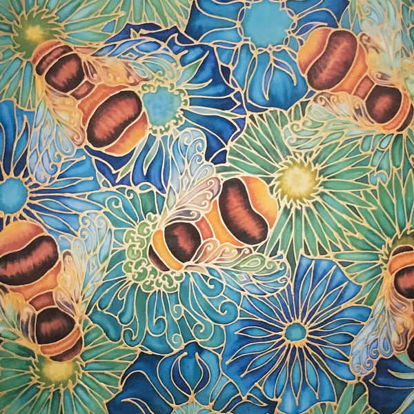 Bees & Flowers Art Print - Blue Green Bees Print- Bumble Bee Print