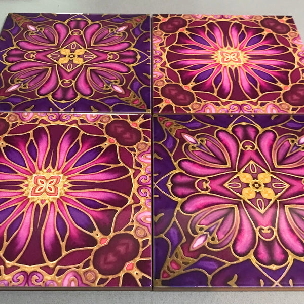 Medieval Blooms Mixed Tiles Set - Plum Magenta Purple Gold Tiles - Beautiful Tile - Bohemian Tiles