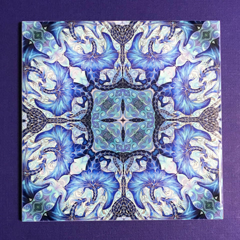 Blue Dragon Mandala Tiles -  Magical Mythical Creature Ceramic Hand Printed Tiles