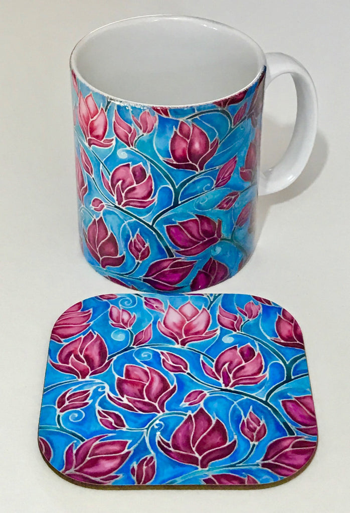 Magnolias mug and coaster box set or mug only In Sky Blue and Pink colours