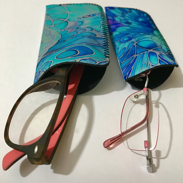 Butterflies glasses case turquoise - slip-on padded glasses cover - Reading or Large Glasses Cover