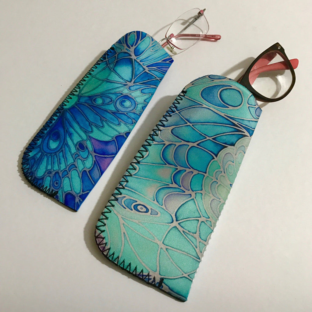 Blue Butterfly Glasses Padded Case - Sunglasses Pouch - Glasses cleaning cloth