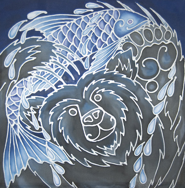 Happy Bear Silk Painting - Bear with Fish Original Art - Black Bear Painting