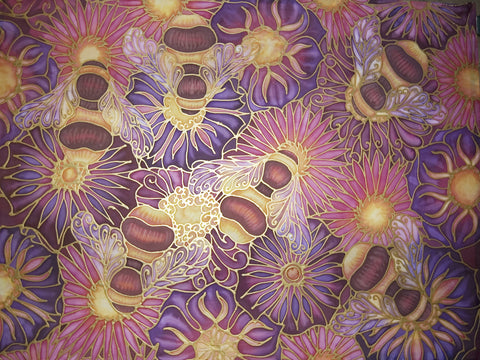 Summer Bees and Flowers Art - Original Honey Bees Silk Painting - Meikie Original Art - Bees on Pink and  Plum Flowers