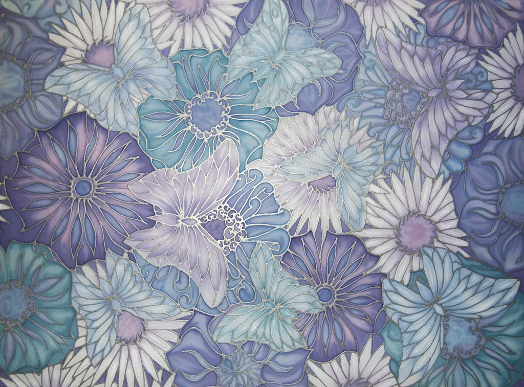 Butterflies and Flowers Hand Painted Silk Original by Meikie -Lilac and Pale Blue
