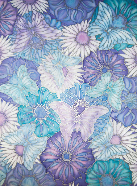 Butterfly Flowers Original Silk Painting - hand painted silk butterflies - lilacs pale blue art