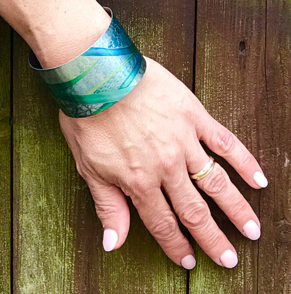Gorgeous greens Cuff bracelet - Flowing Water Greens- Contemporary Cuff bracelet - Bangle - Meikie Designs