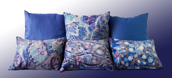 blue cushions contemporary designs by meikie pribnted using designs from hand painted silk originals meikie designs