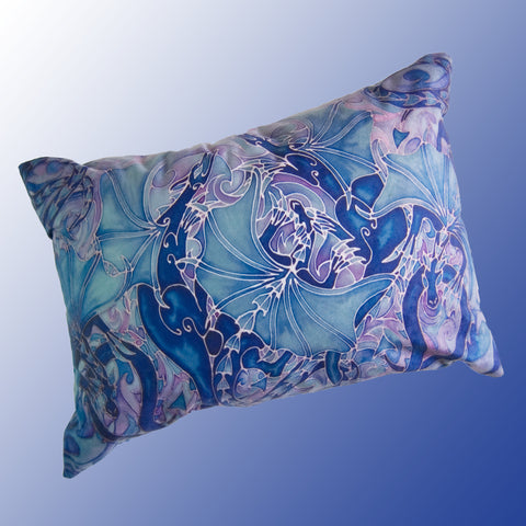 Dragon family cushion - printed onto suedette fabric - blue navy and prussian blue colours