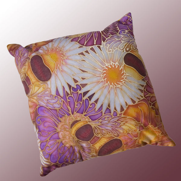 Bees and Flowers Cushion in Plum and Yellow by Meikie