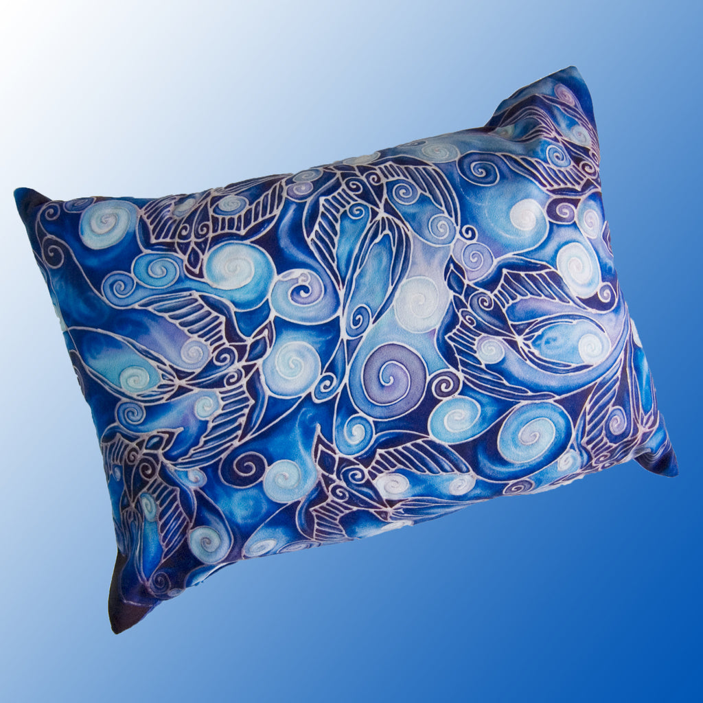 Swallows cushion - printed onto suedette fabric - blue navy and prussian blue colours