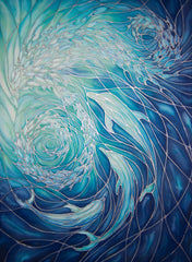 Dolphin Swirl Signed Print - Sea Life Art Print - Blue Aqua Dolphin Print - Bathroom Art