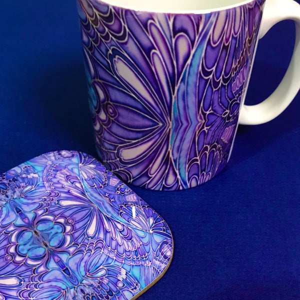Purple Blue Lilac Butterfly Mug and Coaster - Butterfly Mug Box Set - colours