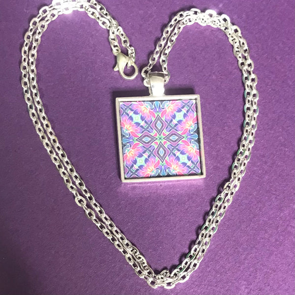 Pink Purple Iris Kaleidoscope Necklace - Square Tile Pendant - Affordable gift